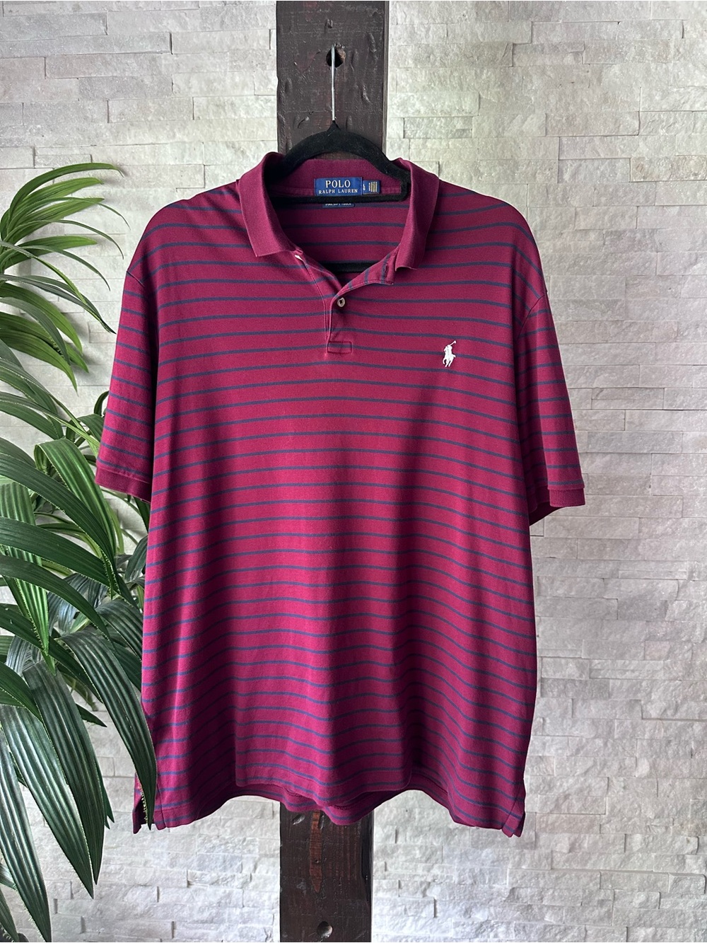 Polo Ralph Lauren Pima Soft Touch Burgundy and Navy Striped Polo Shirt Size L